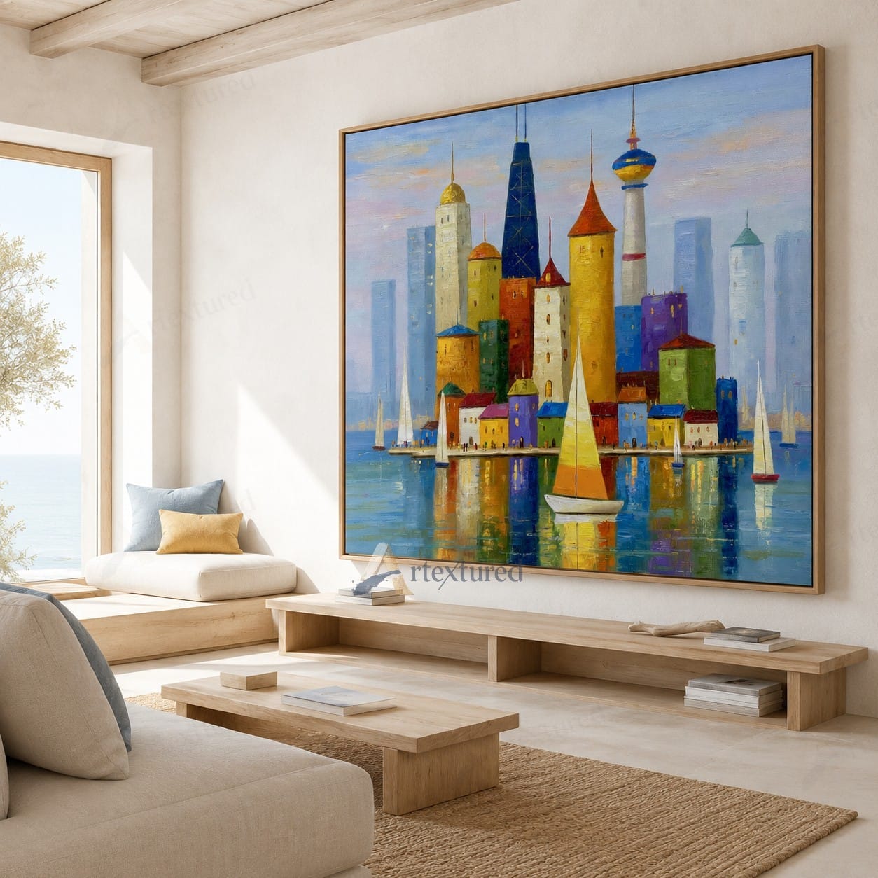 Colorful Harbor Skyline Wall Art – Hand-Painted Sailboat Canvas#wp261064