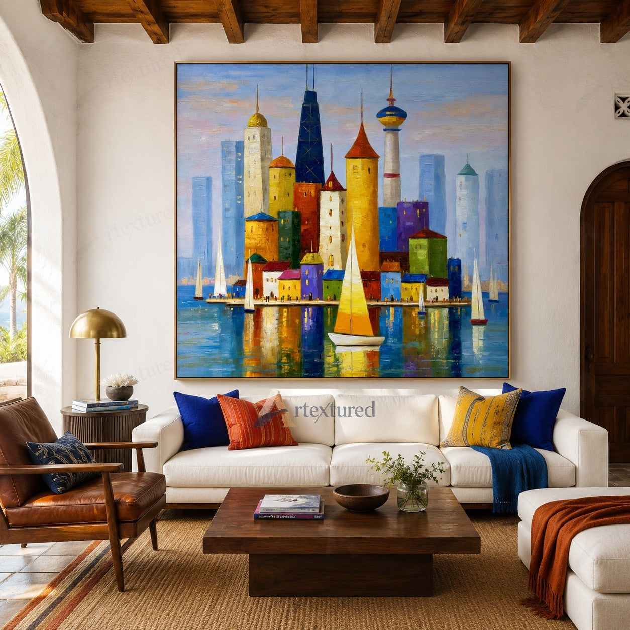 Colorful Harbor Skyline Wall Art – Hand-Painted Sailboat Canvas#wp261064