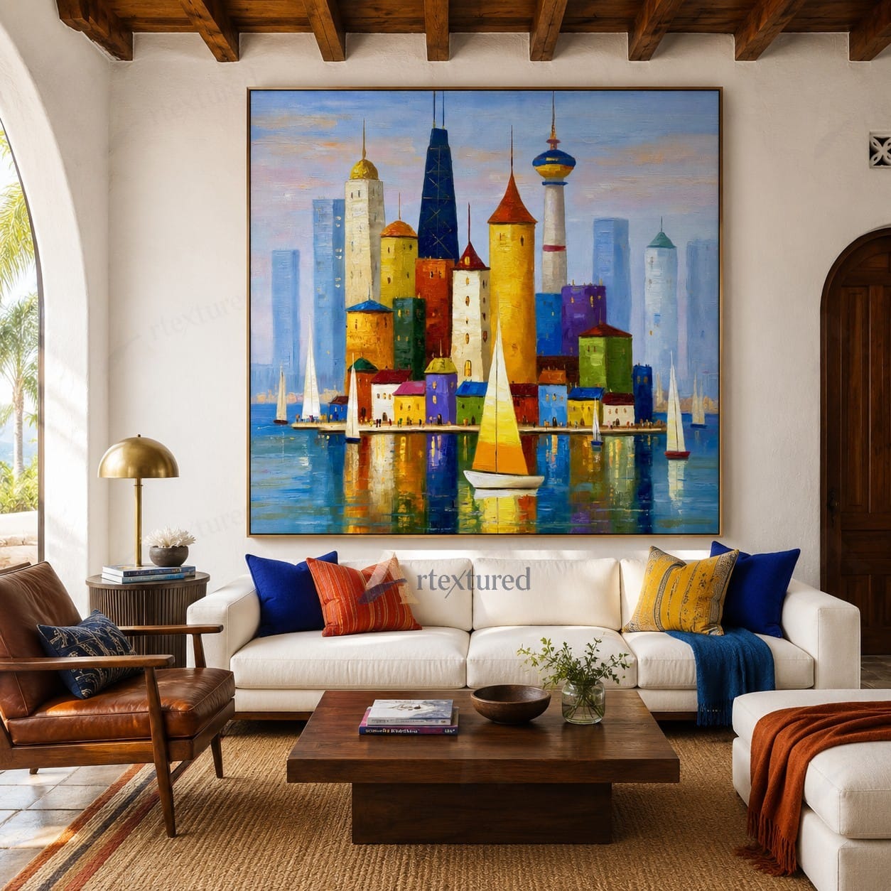 Colorful Harbor Skyline Wall Art – Hand-Painted Sailboat Canvas#wp261064