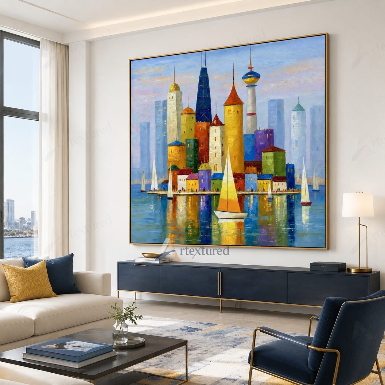 Colorful Harbor Skyline Wall Art – Hand-Painted Sailboat Canvas#wp261064