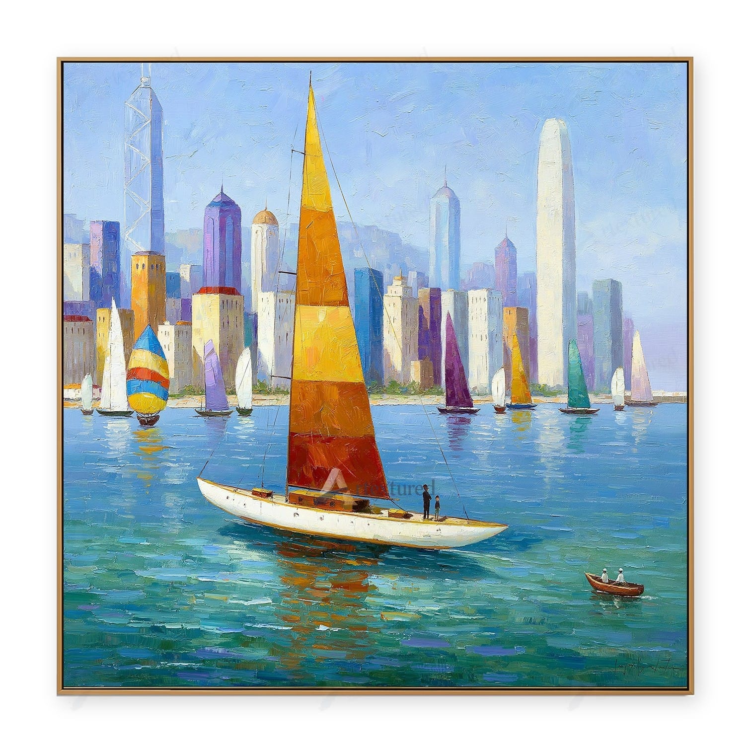 Colorful Sailboat Skyline Wall Art – Hand-Painted Coastal Canvas#wp261065