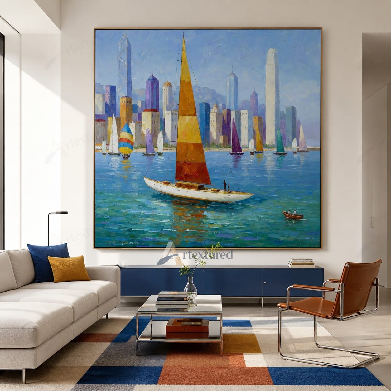 Colorful Sailboat Skyline Wall Art – Hand-Painted Coastal Canvas#wp261065