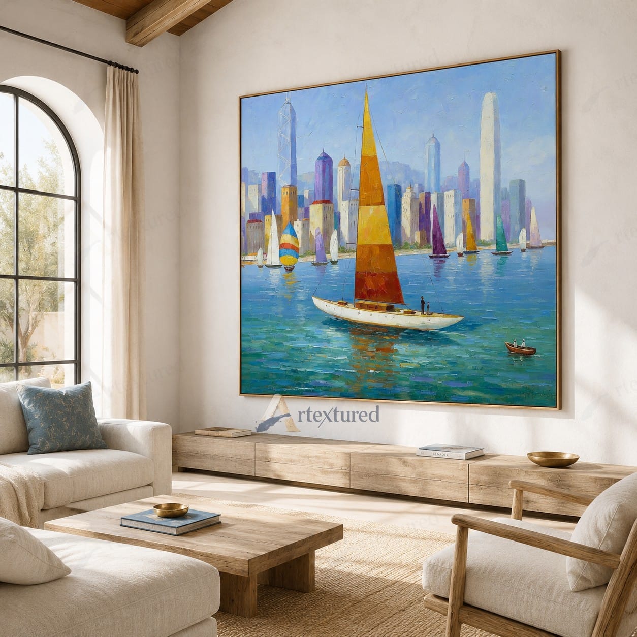Colorful Sailboat Skyline Wall Art – Hand-Painted Coastal Canvas#wp261065