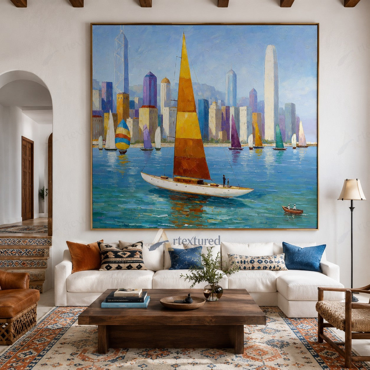 Colorful Sailboat Skyline Wall Art – Hand-Painted Coastal Canvas#wp261065
