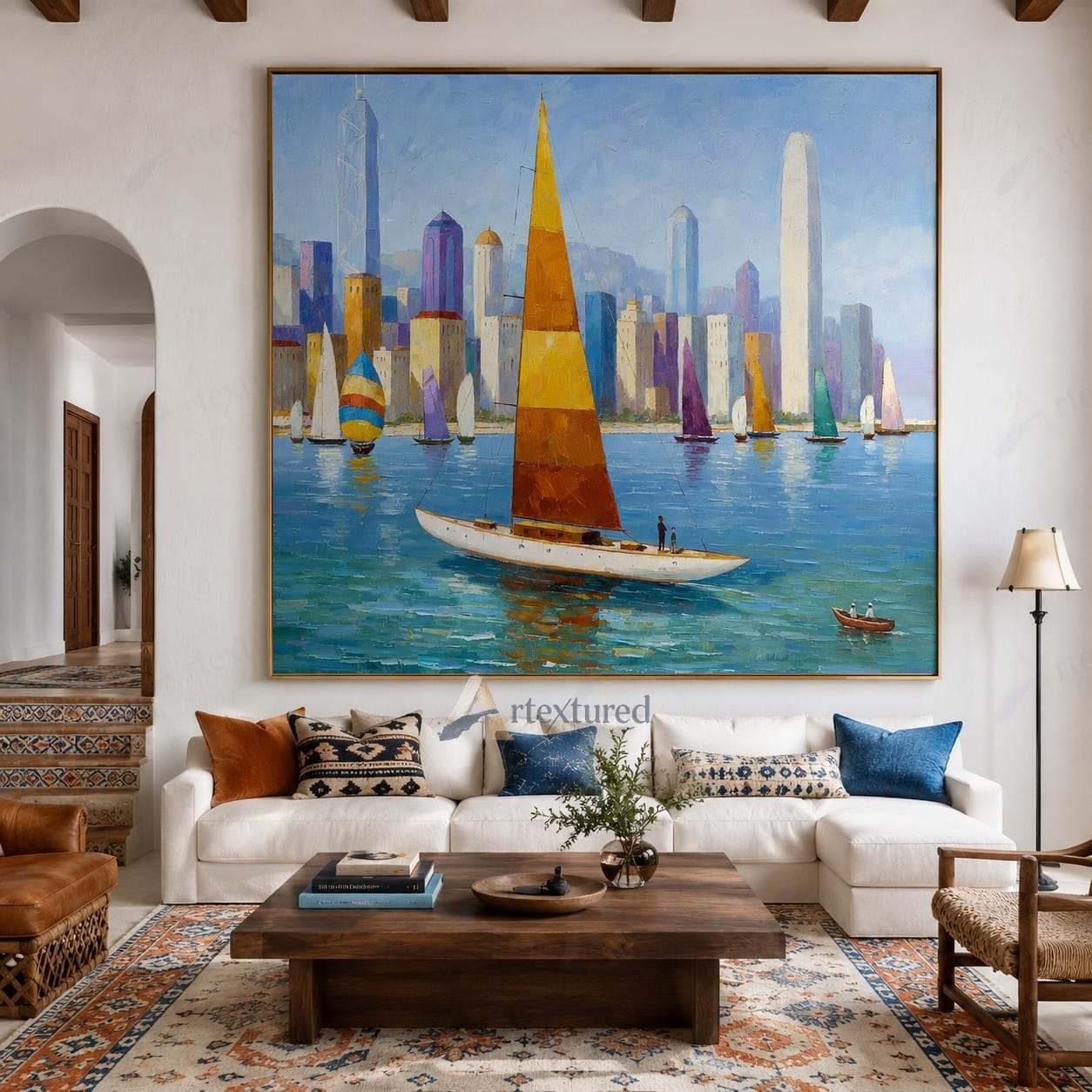 Colorful Sailboat Skyline Wall Art – Hand-Painted Coastal Canvas#wp261065