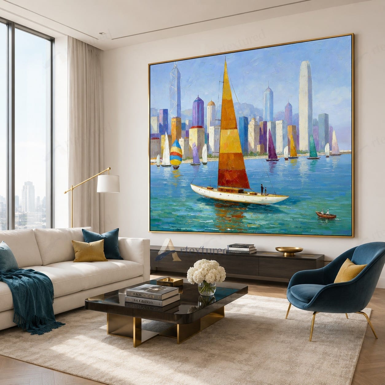 Colorful Sailboat Skyline Wall Art – Hand-Painted Coastal Canvas#wp261065