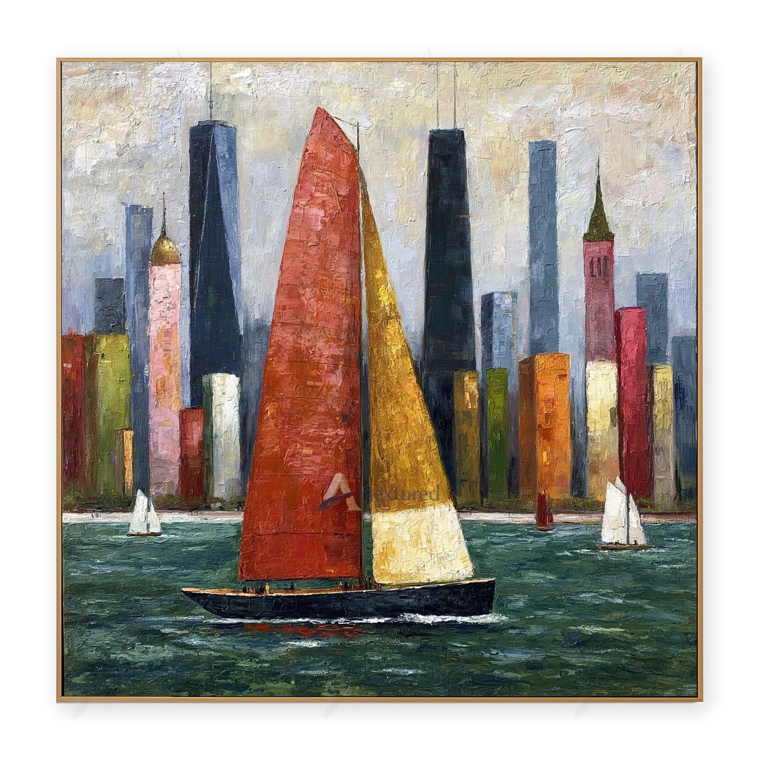 Red Sailboat City Wall Art – Hand-Painted Colorful Skyline Canvas#wp261066