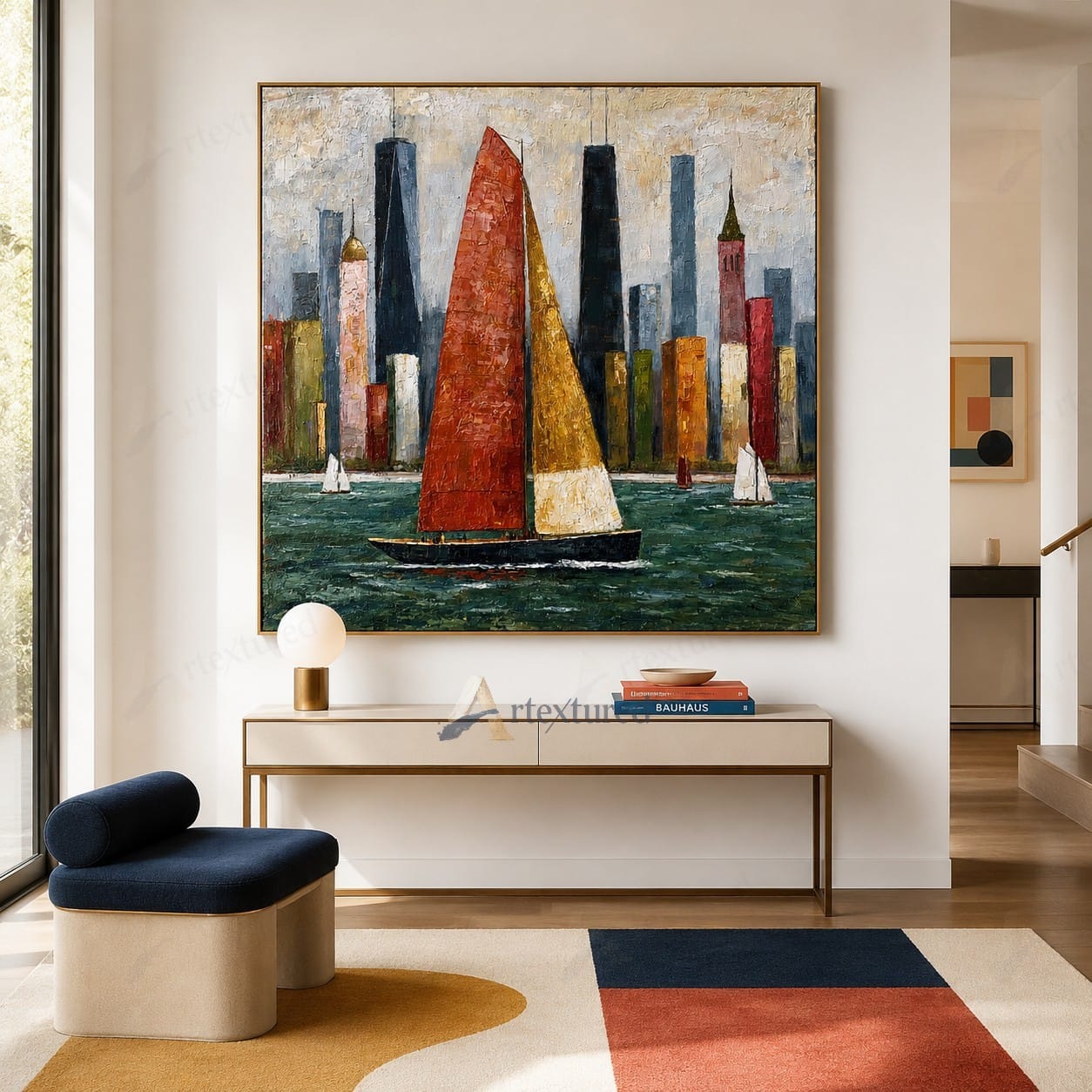 Red Sailboat City Wall Art – Hand-Painted Colorful Skyline Canvas#wp261066
