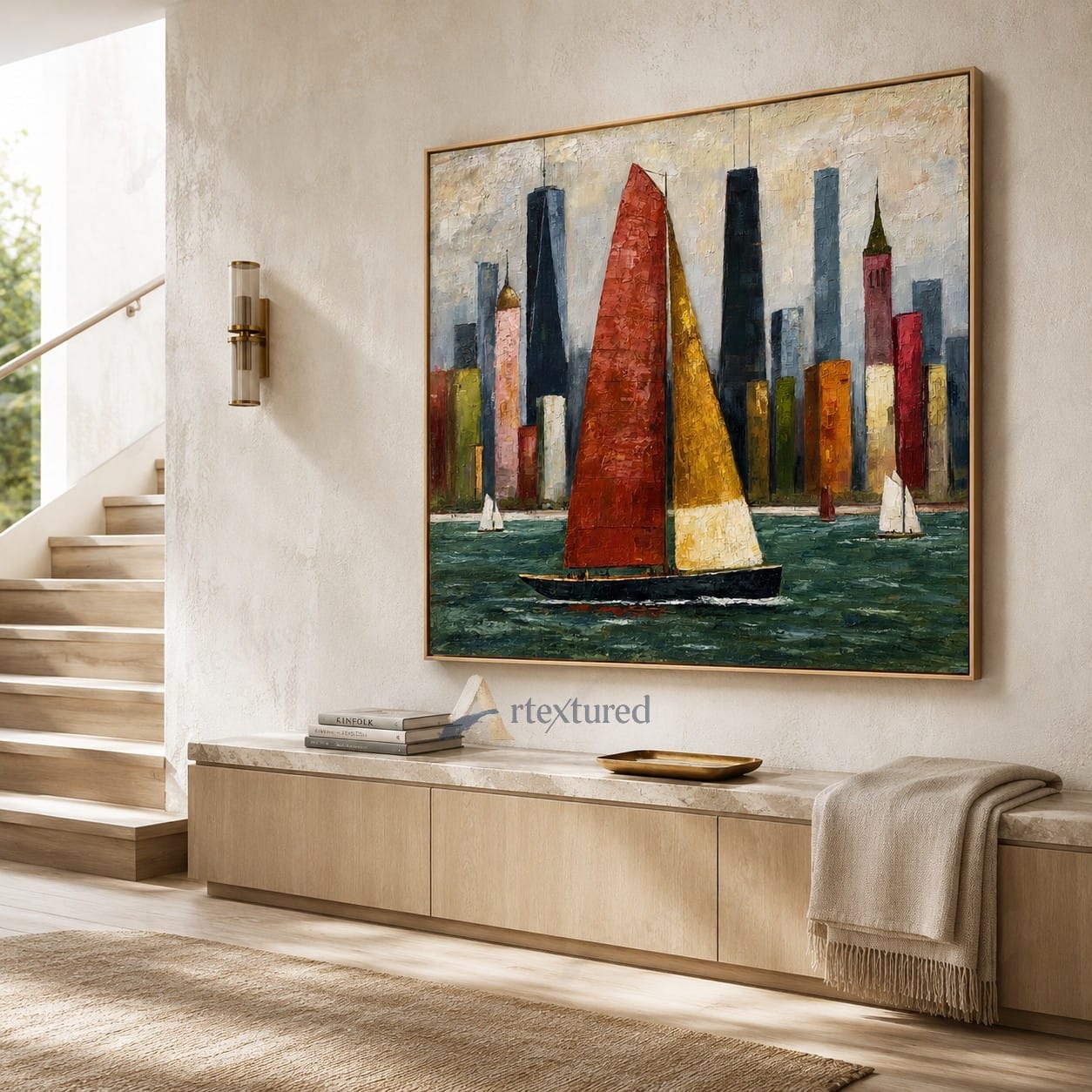 Red Sailboat City Wall Art – Hand-Painted Colorful Skyline Canvas#wp261066