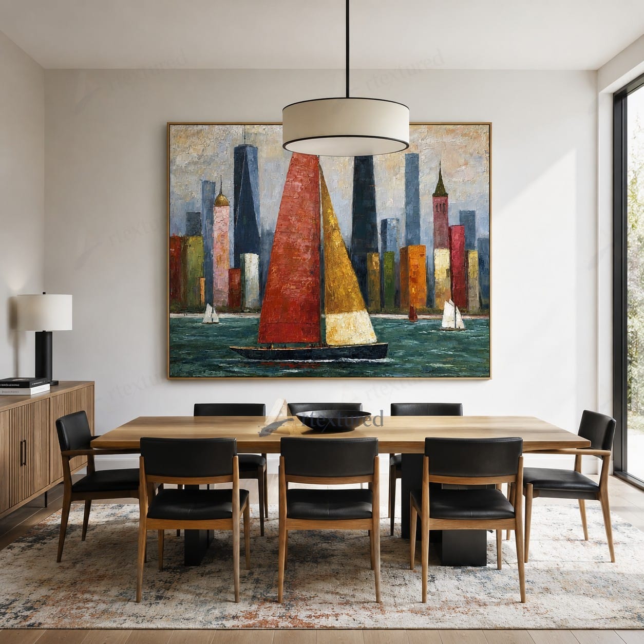 Red Sailboat City Wall Art – Hand-Painted Colorful Skyline Canvas#wp261066