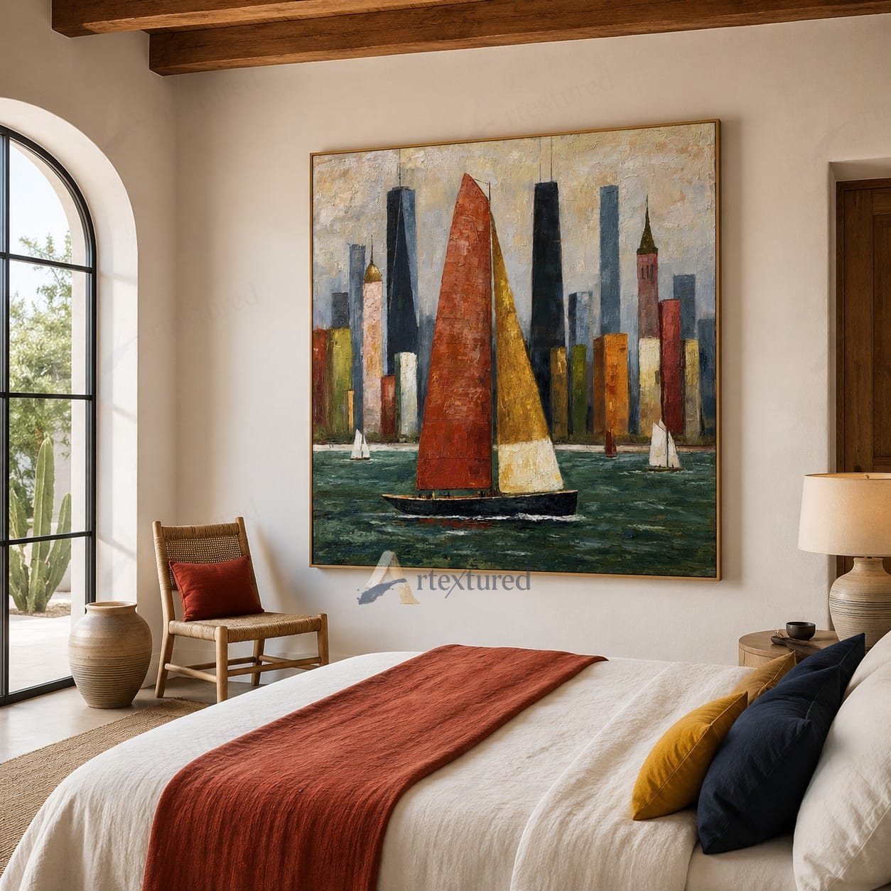 Red Sailboat City Wall Art – Hand-Painted Colorful Skyline Canvas#wp261066