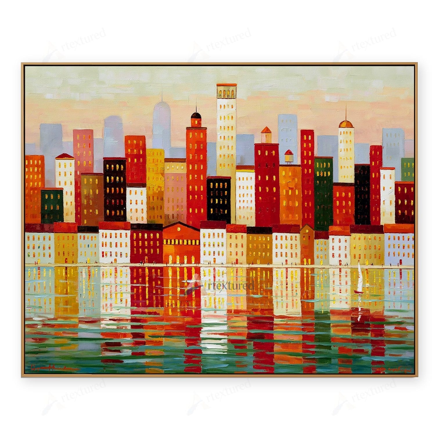 Colorful Waterfront Skyline Wall Art – Hand-Painted Cityscape Canvas#wp261067