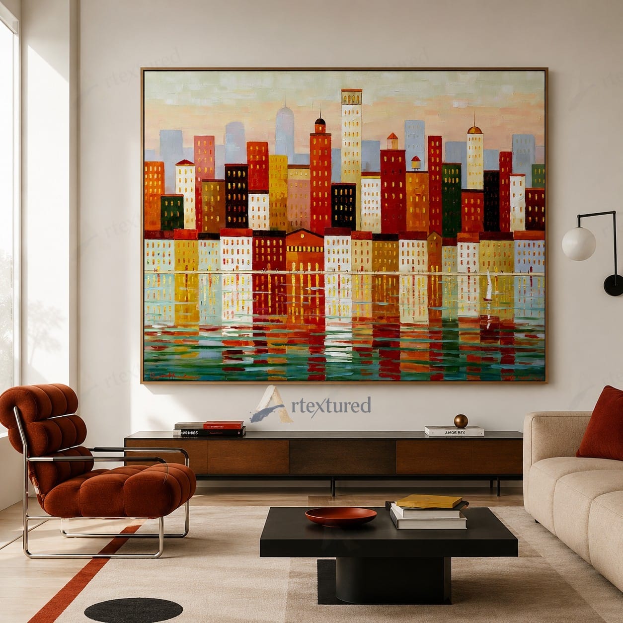 Colorful Waterfront Skyline Wall Art – Hand-Painted Cityscape Canvas#wp261067
