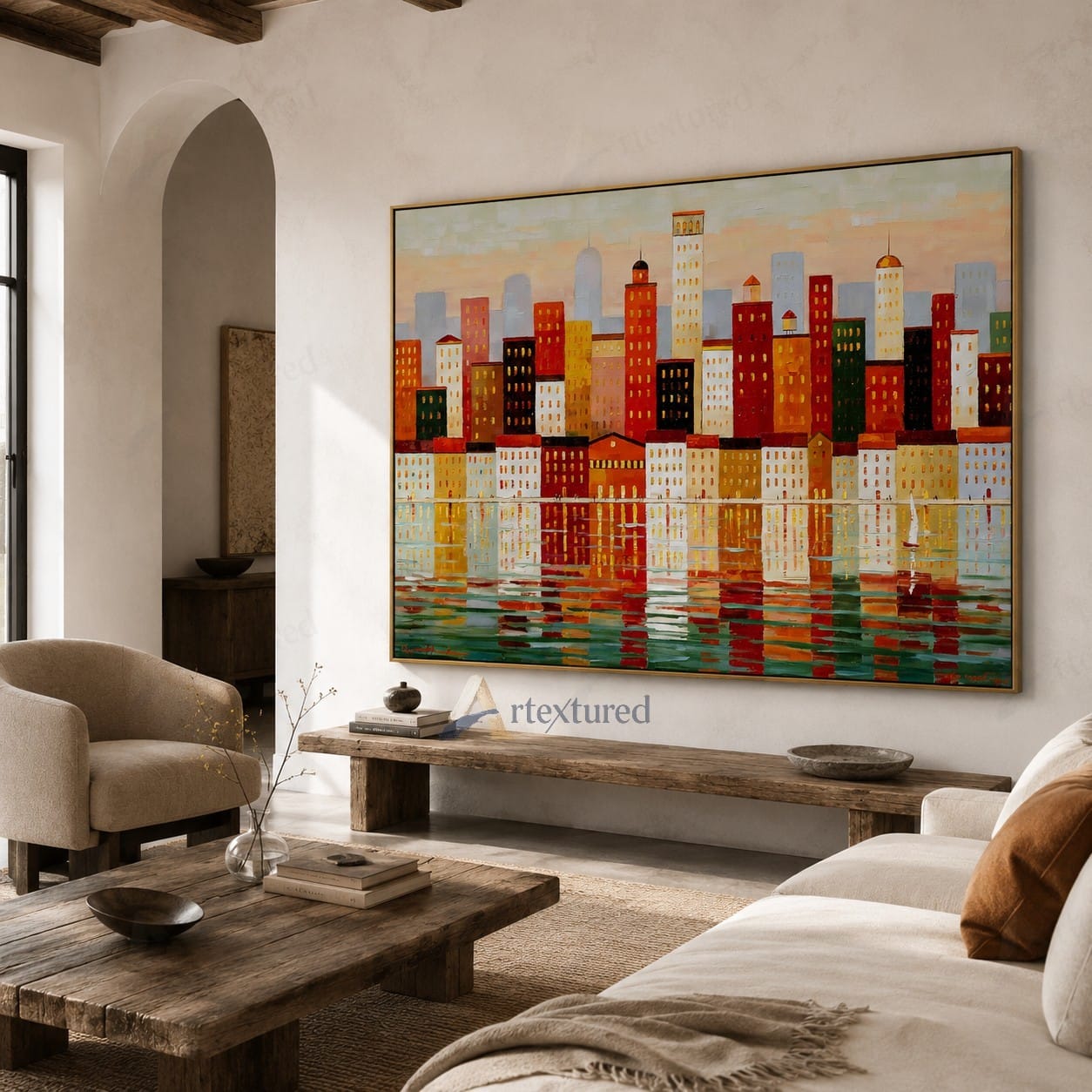 Colorful Waterfront Skyline Wall Art – Hand-Painted Cityscape Canvas#wp261067