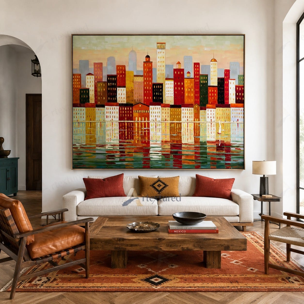 Colorful Waterfront Skyline Wall Art – Hand-Painted Cityscape Canvas#wp261067