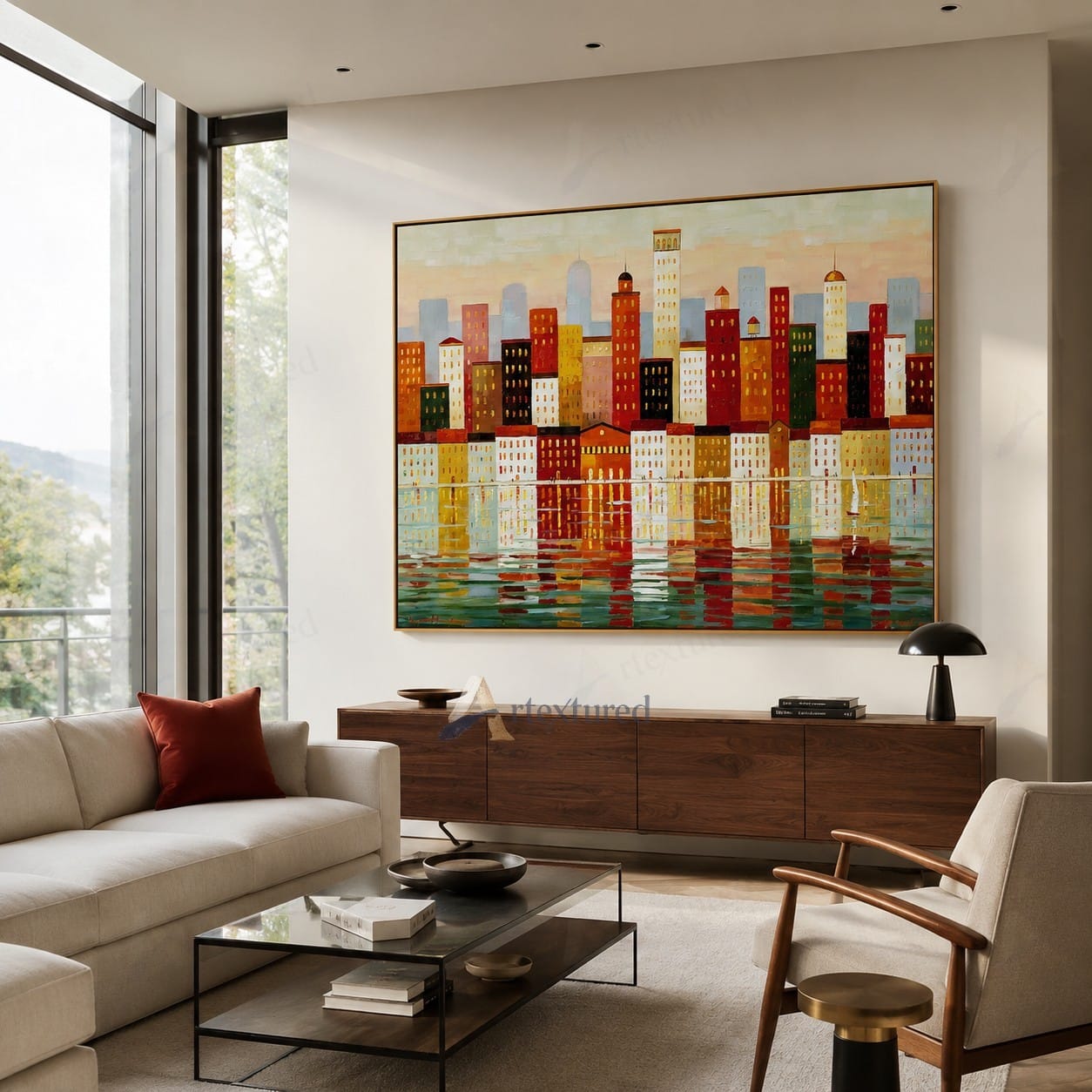 Colorful Waterfront Skyline Wall Art – Hand-Painted Cityscape Canvas#wp261067