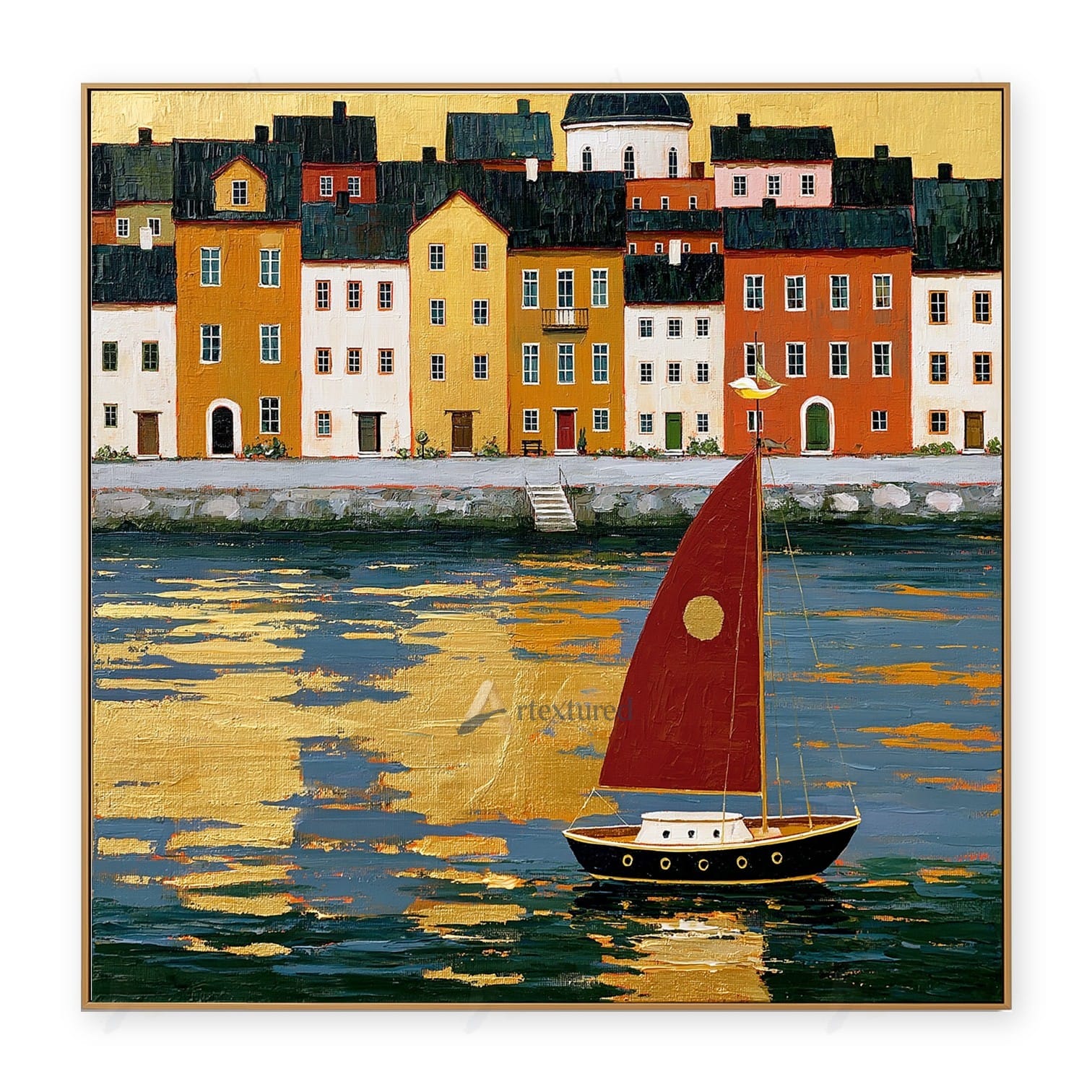 Red Sailboat Harbor Wall Art – Hand-Painted Coastal City Canvas#wp261068