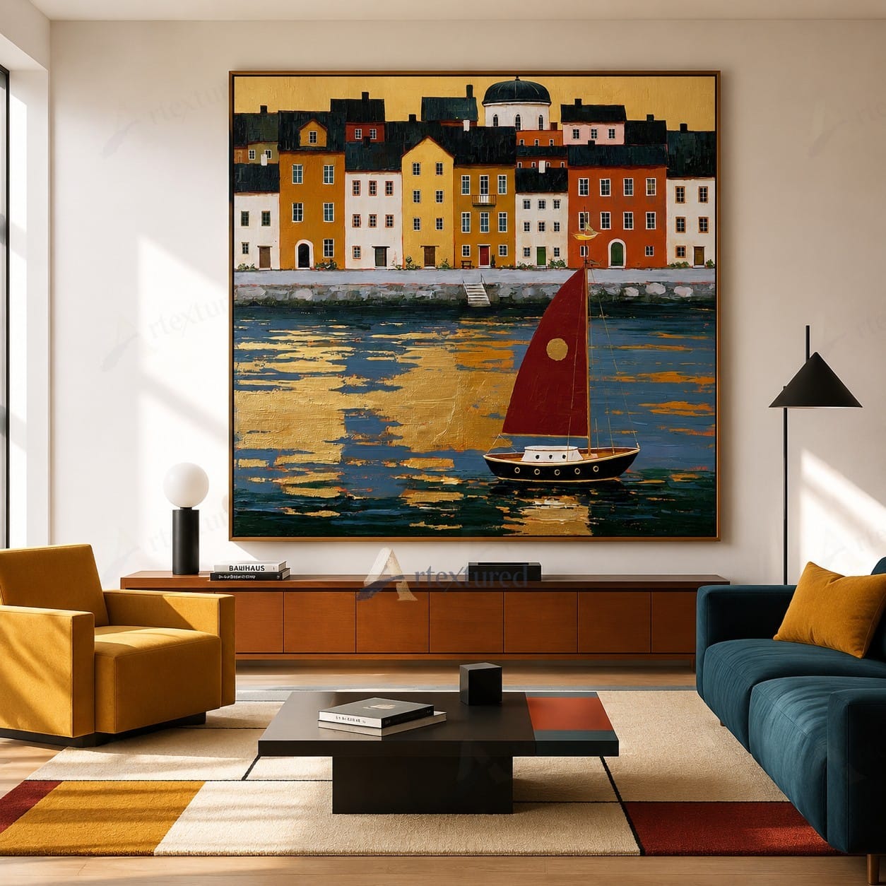 Red Sailboat Harbor Wall Art – Hand-Painted Coastal City Canvas#wp261068