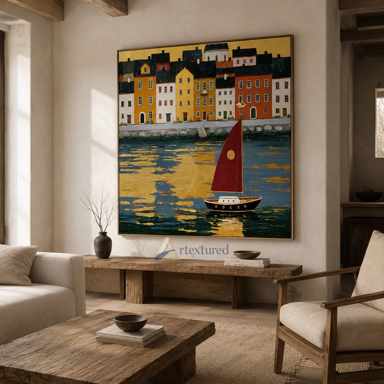 Red Sailboat Harbor Wall Art – Hand-Painted Coastal City Canvas#wp261068
