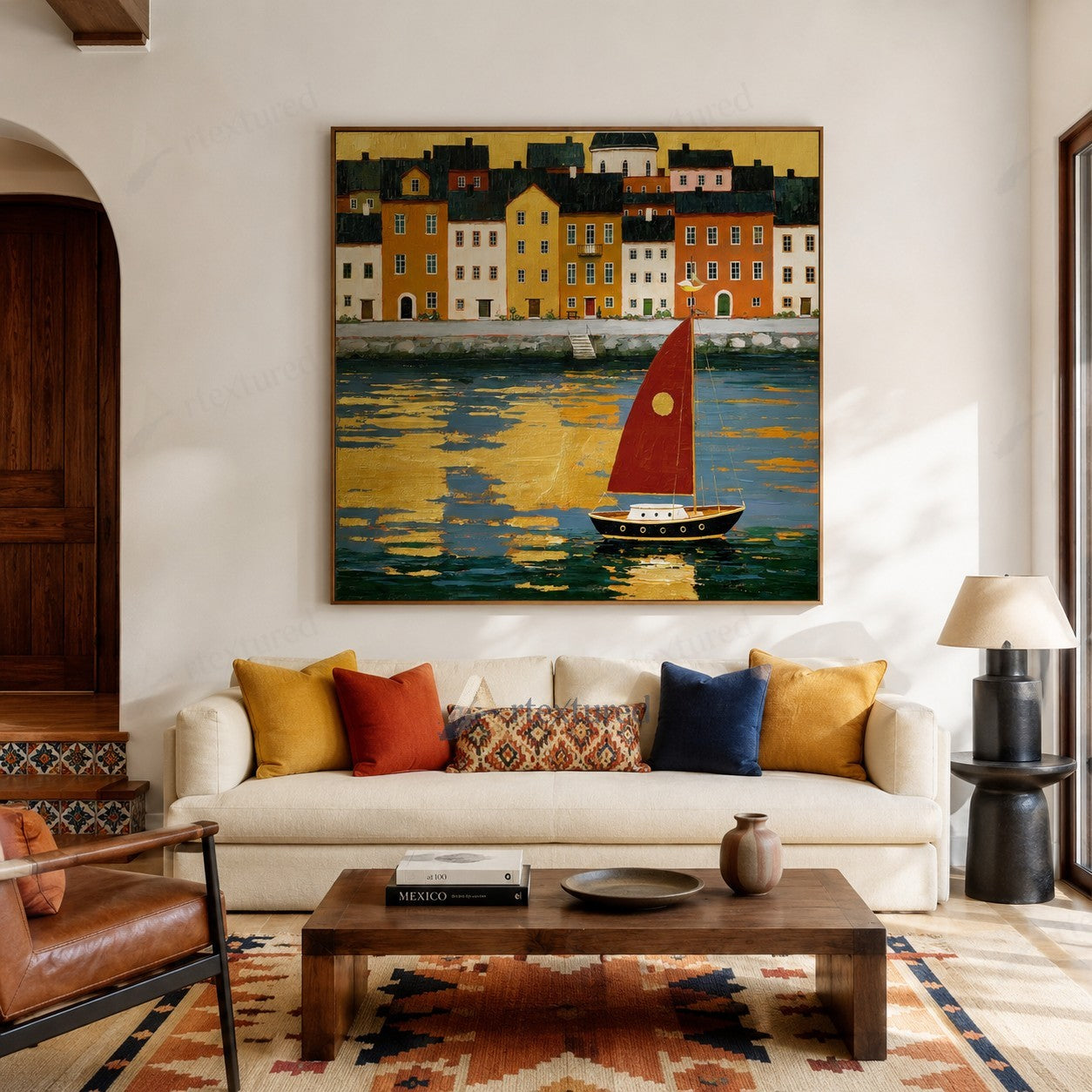 Red Sailboat Harbor Wall Art – Hand-Painted Coastal City Canvas#wp261068