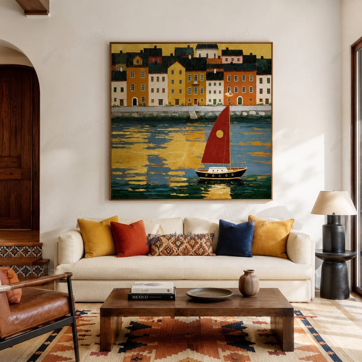 Red Sailboat Harbor Wall Art – Hand-Painted Coastal City Canvas#wp261068