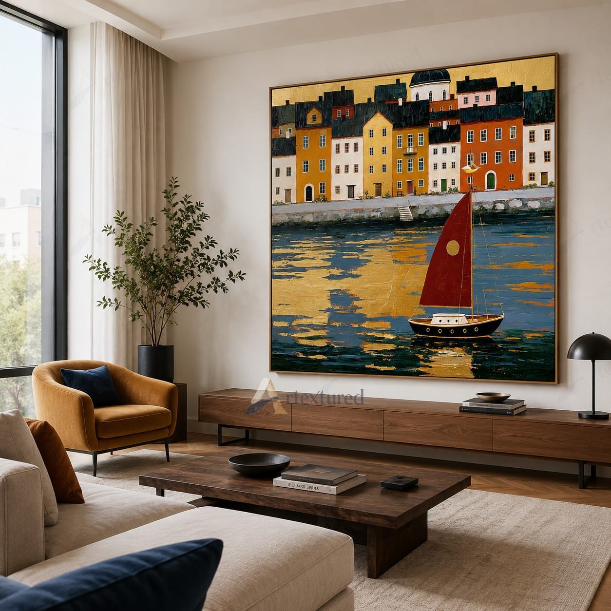 Red Sailboat Harbor Wall Art – Hand-Painted Coastal City Canvas#wp261068