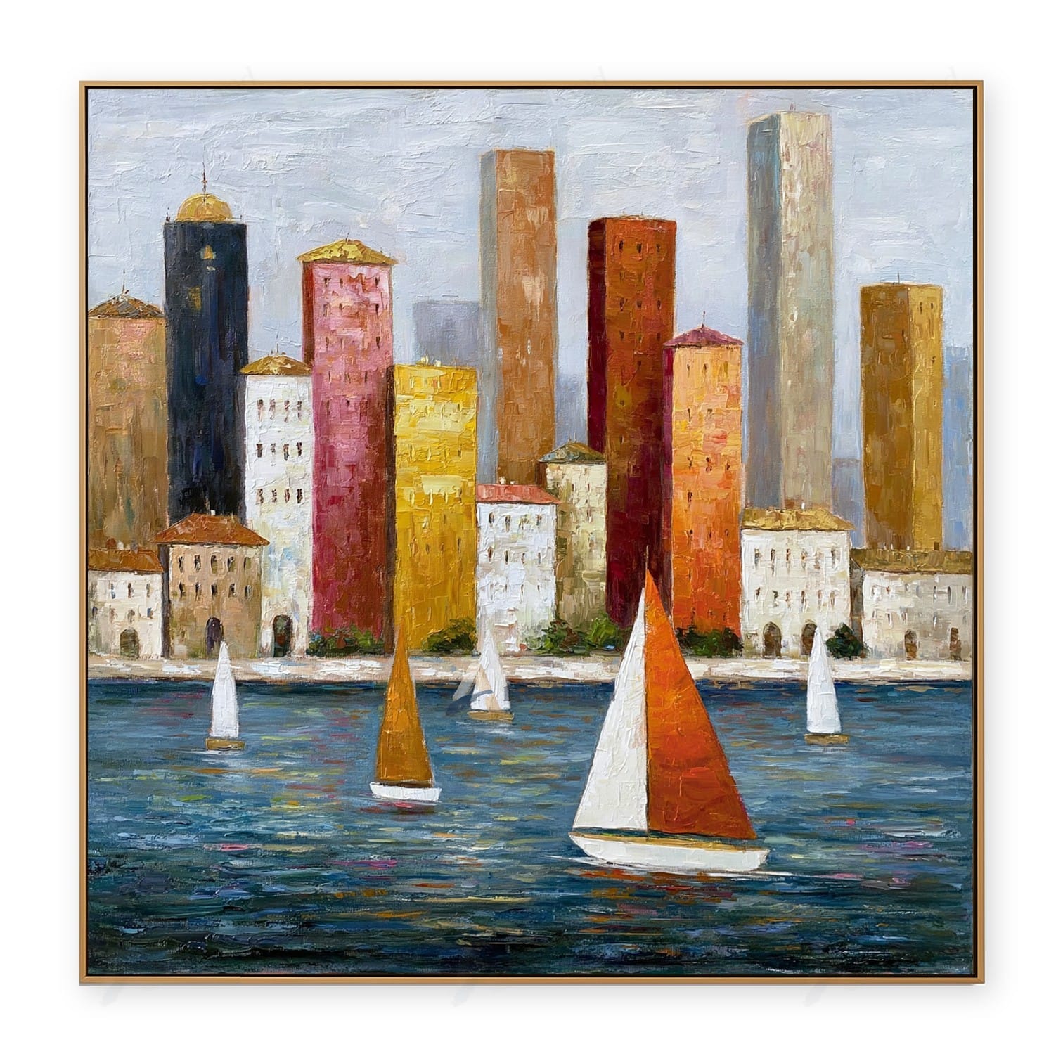 Colorful Harbor Sailboat Wall Art – Hand-Painted Cityscape Canvas#wp261070
