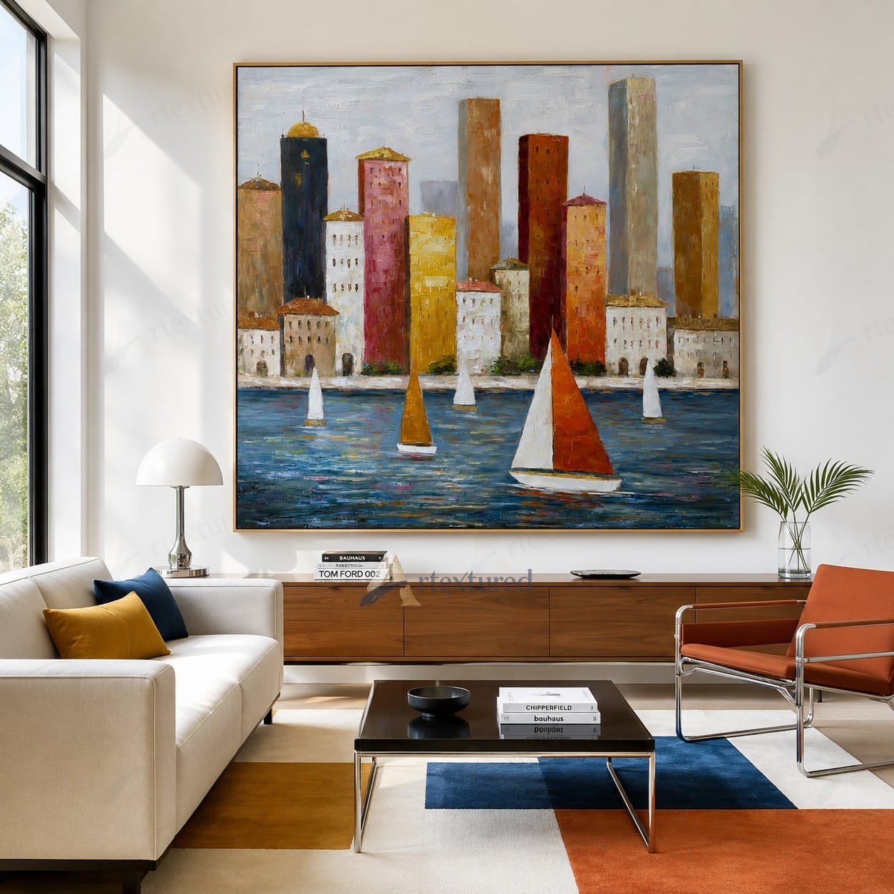 Colorful Harbor Sailboat Wall Art – Hand-Painted Cityscape Canvas#wp261070