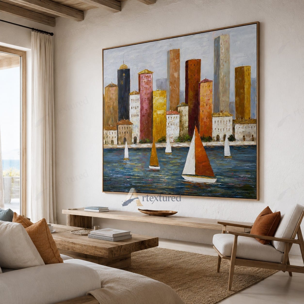 Colorful Harbor Sailboat Wall Art – Hand-Painted Cityscape Canvas#wp261070