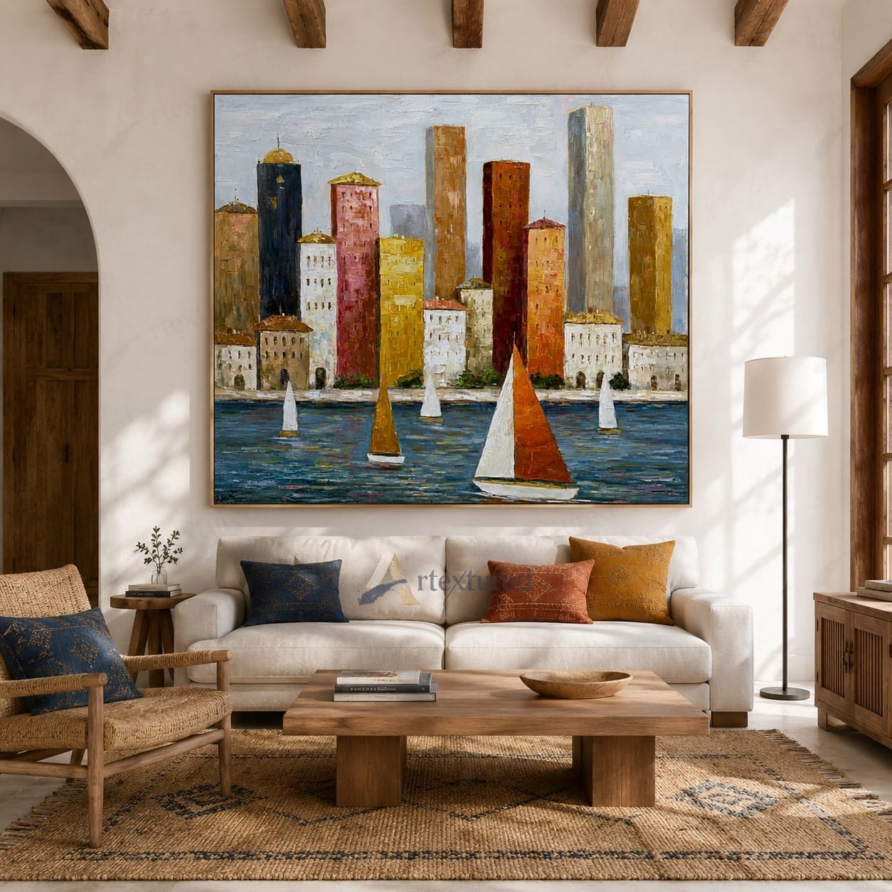 Colorful Harbor Sailboat Wall Art – Hand-Painted Cityscape Canvas#wp261070