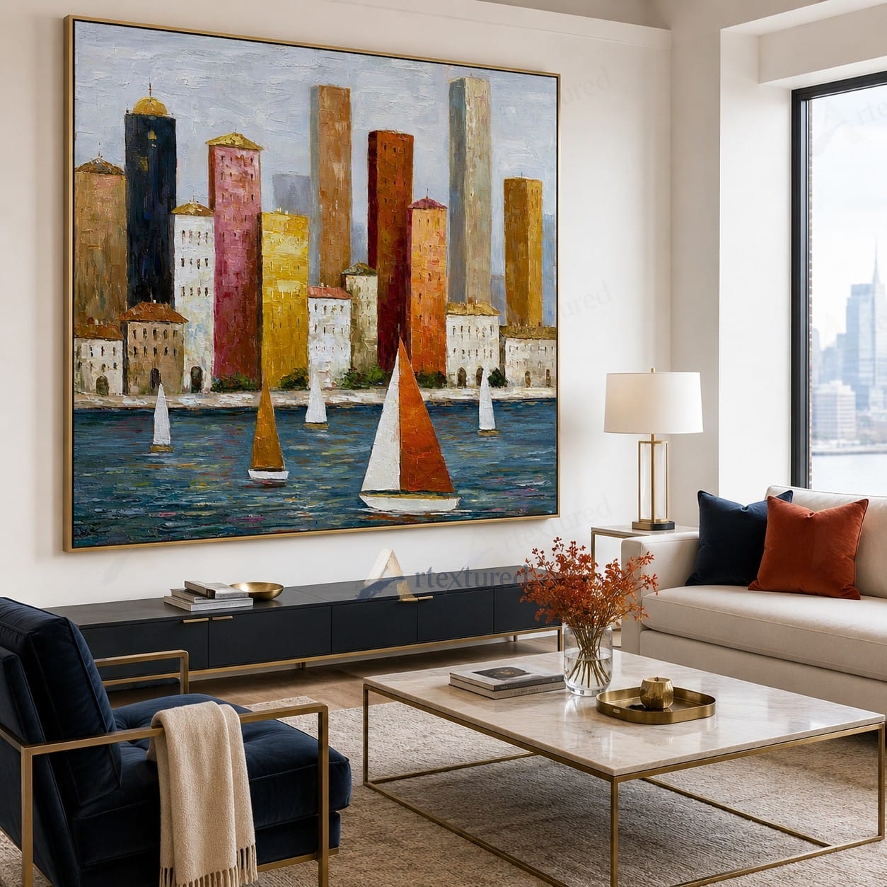 Colorful Harbor Sailboat Wall Art – Hand-Painted Cityscape Canvas#wp261070