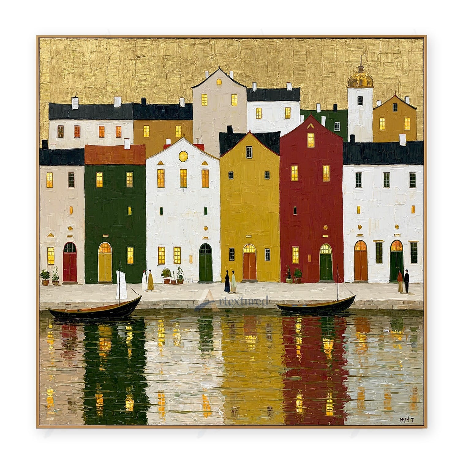 Colorful Waterfront Village Wall Art – Hand-Painted Harbor Canvas#wp261071