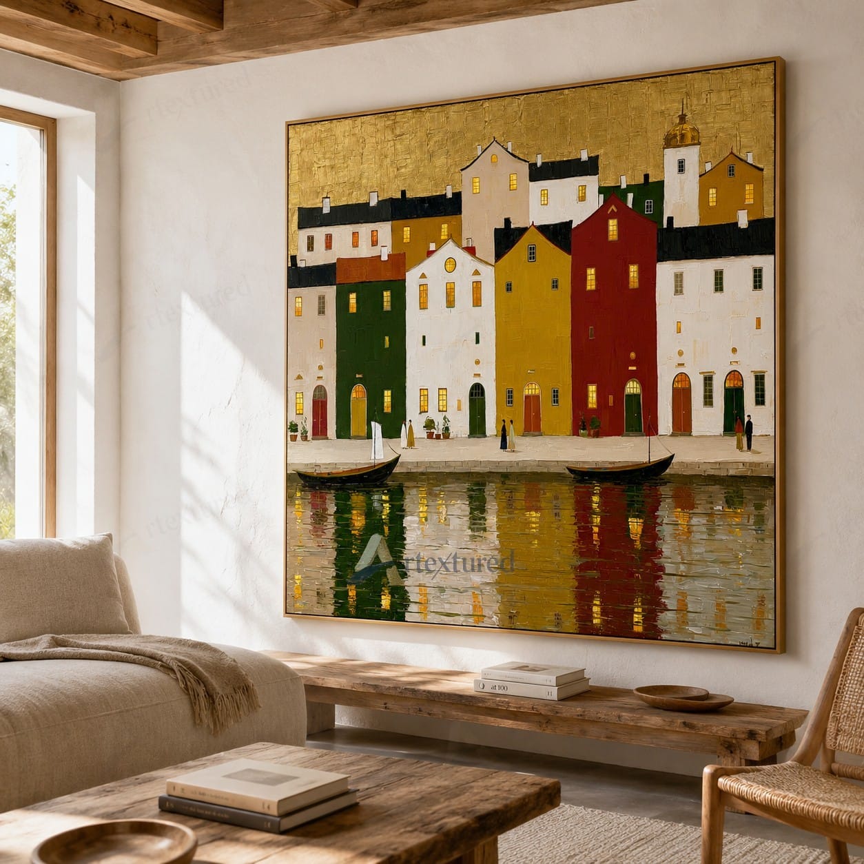 Colorful Waterfront Village Wall Art – Hand-Painted Harbor Canvas#wp261071