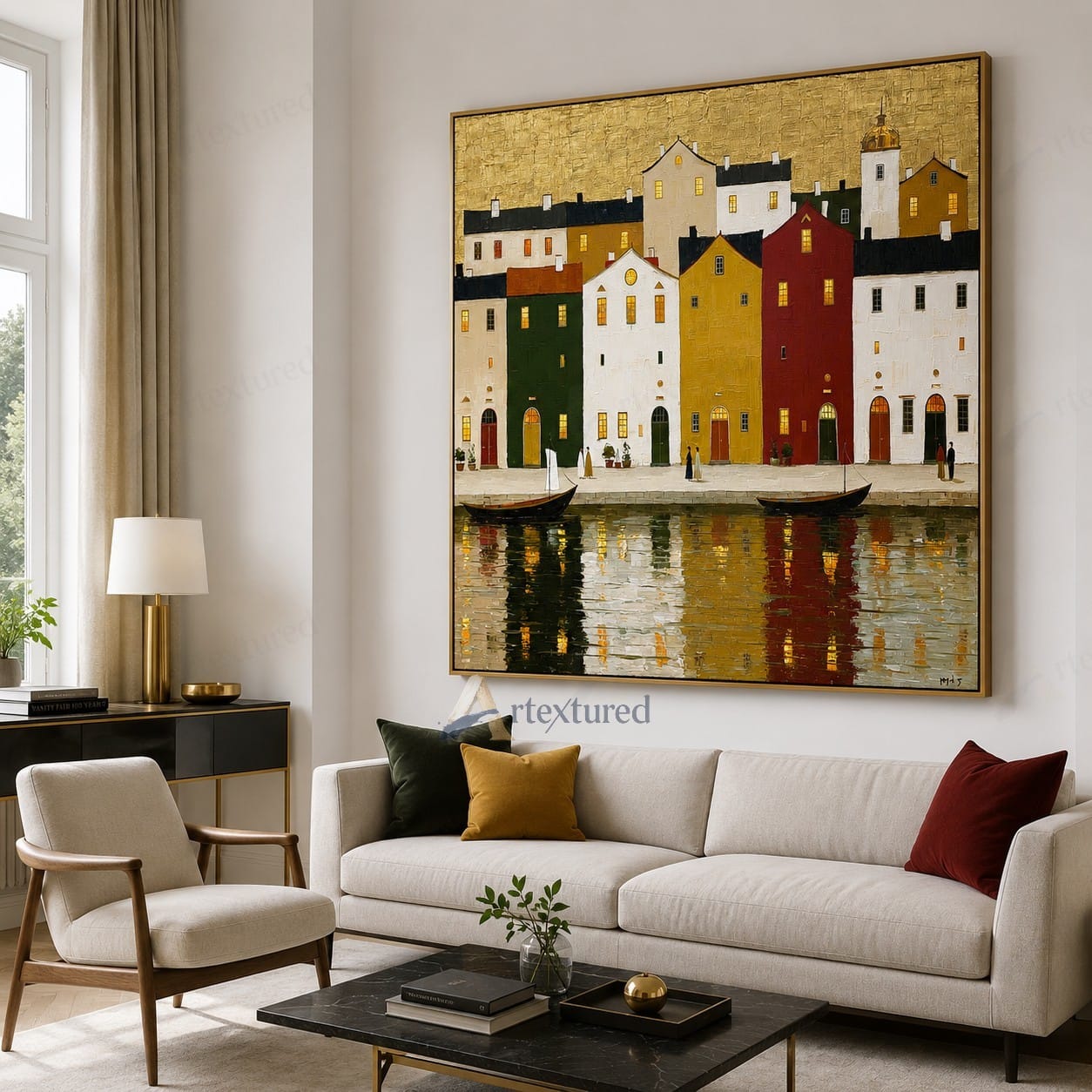 Colorful Waterfront Village Wall Art – Hand-Painted Harbor Canvas#wp261071