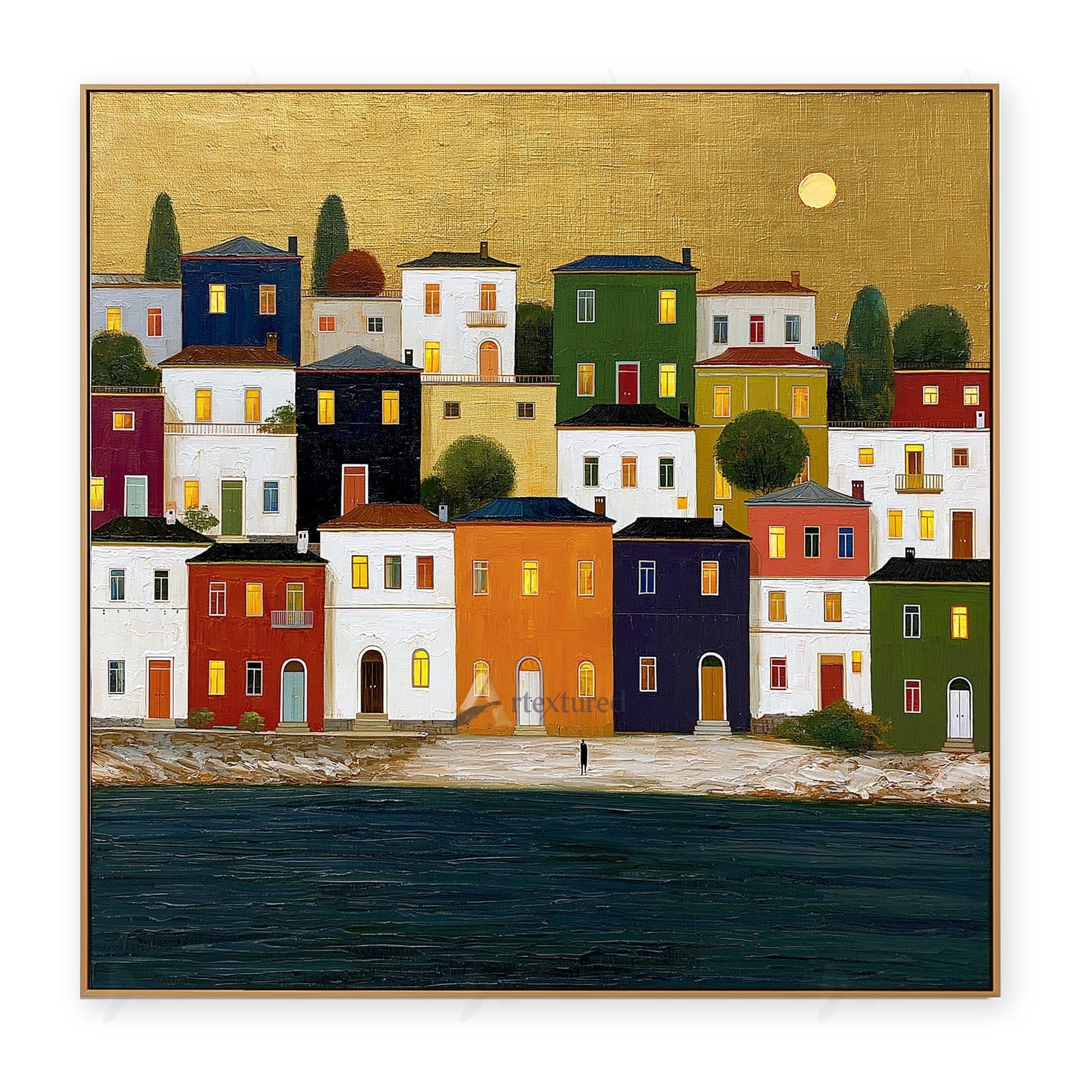 Colorful Seaside Village Wall Art – Hand-Painted Coastal Canvas#wp261072