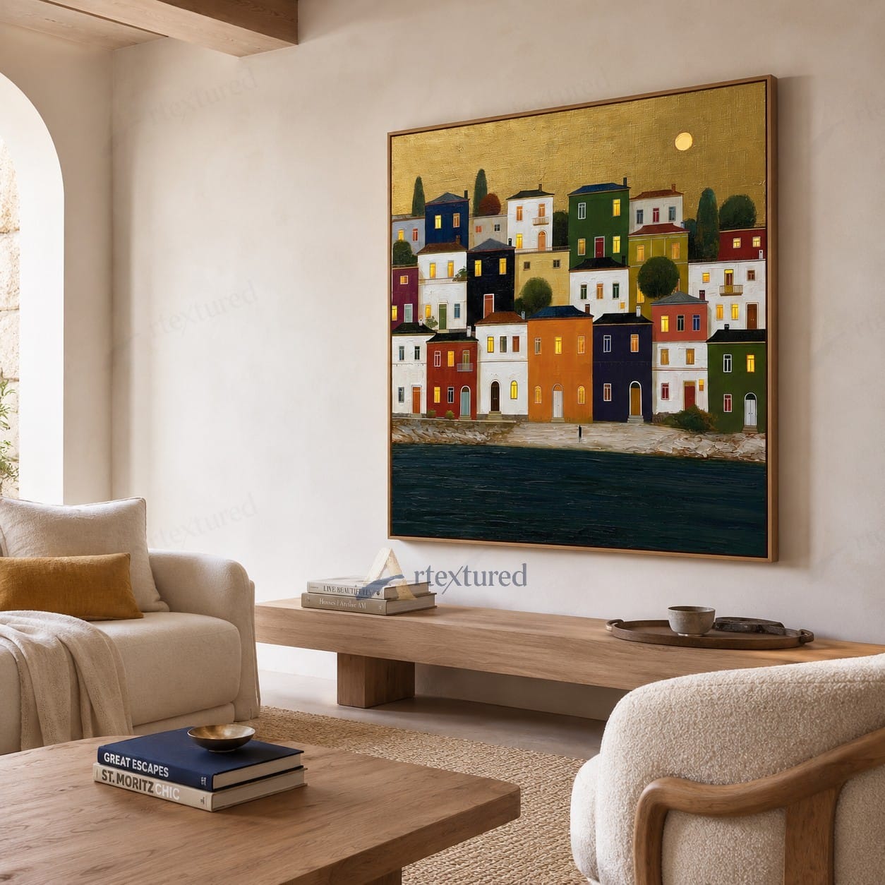 Colorful Seaside Village Wall Art – Hand-Painted Coastal Canvas#wp261072