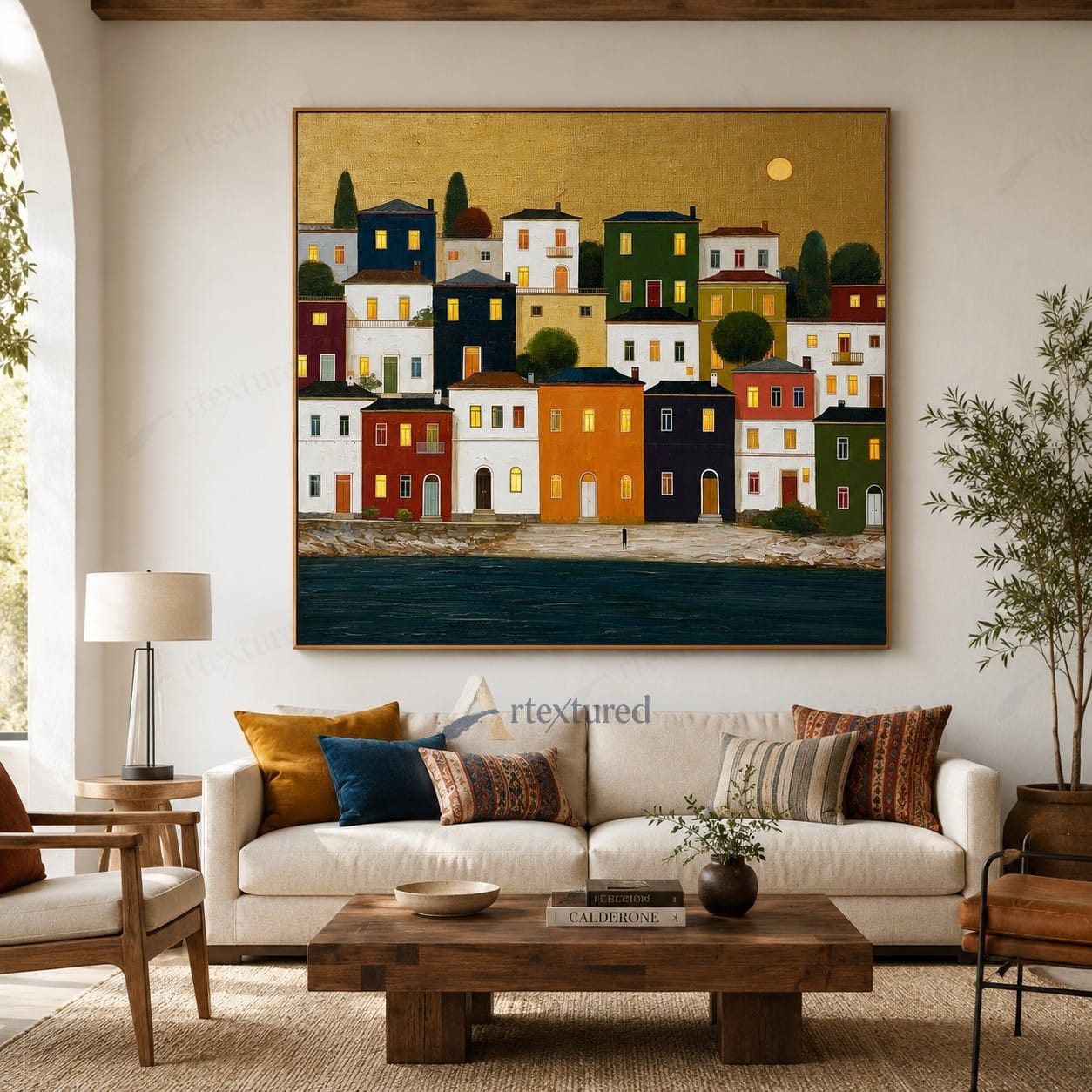 Colorful Seaside Village Wall Art – Hand-Painted Coastal Canvas#wp261072