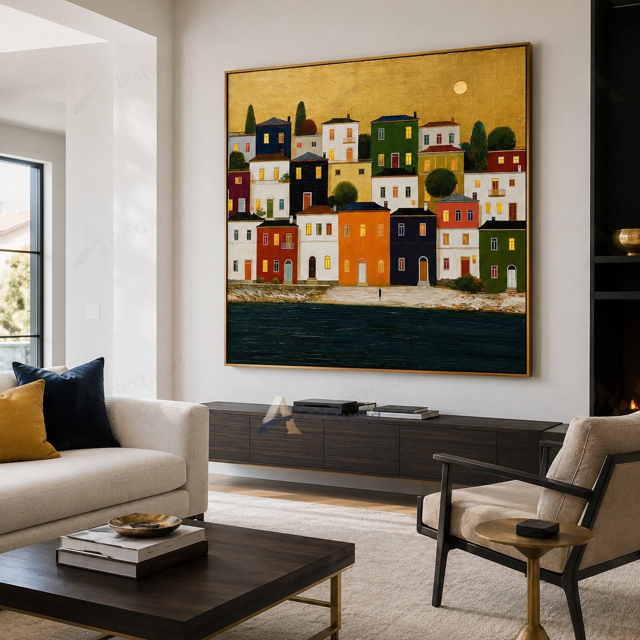 Colorful Seaside Village Wall Art – Hand-Painted Coastal Canvas#wp261072