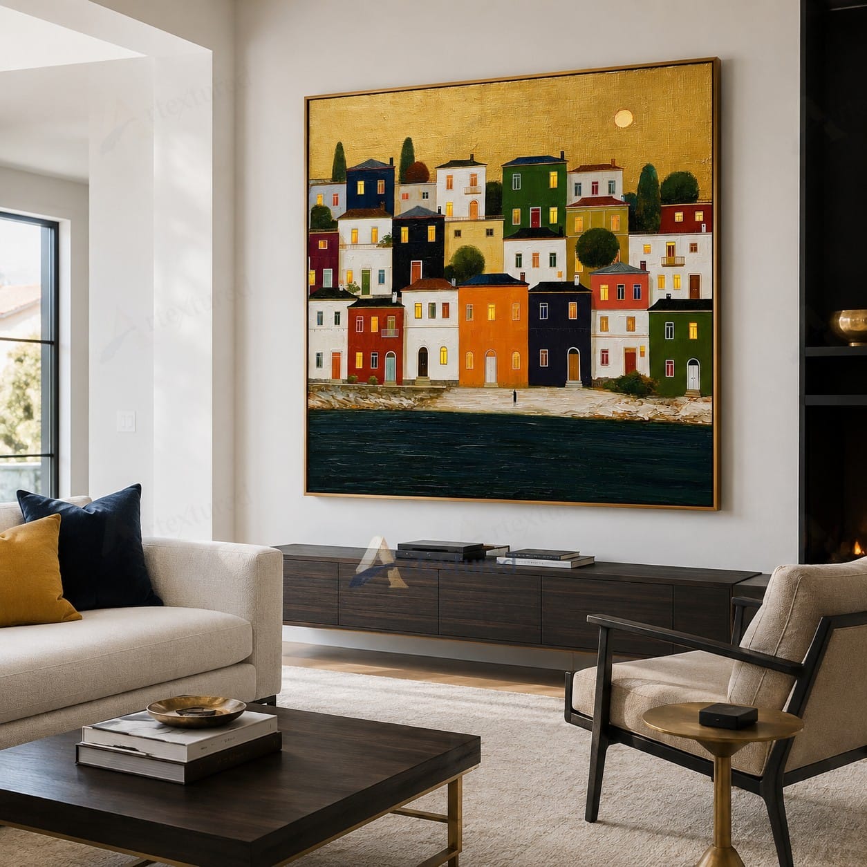Colorful Seaside Village Wall Art – Hand-Painted Coastal Canvas#wp261072