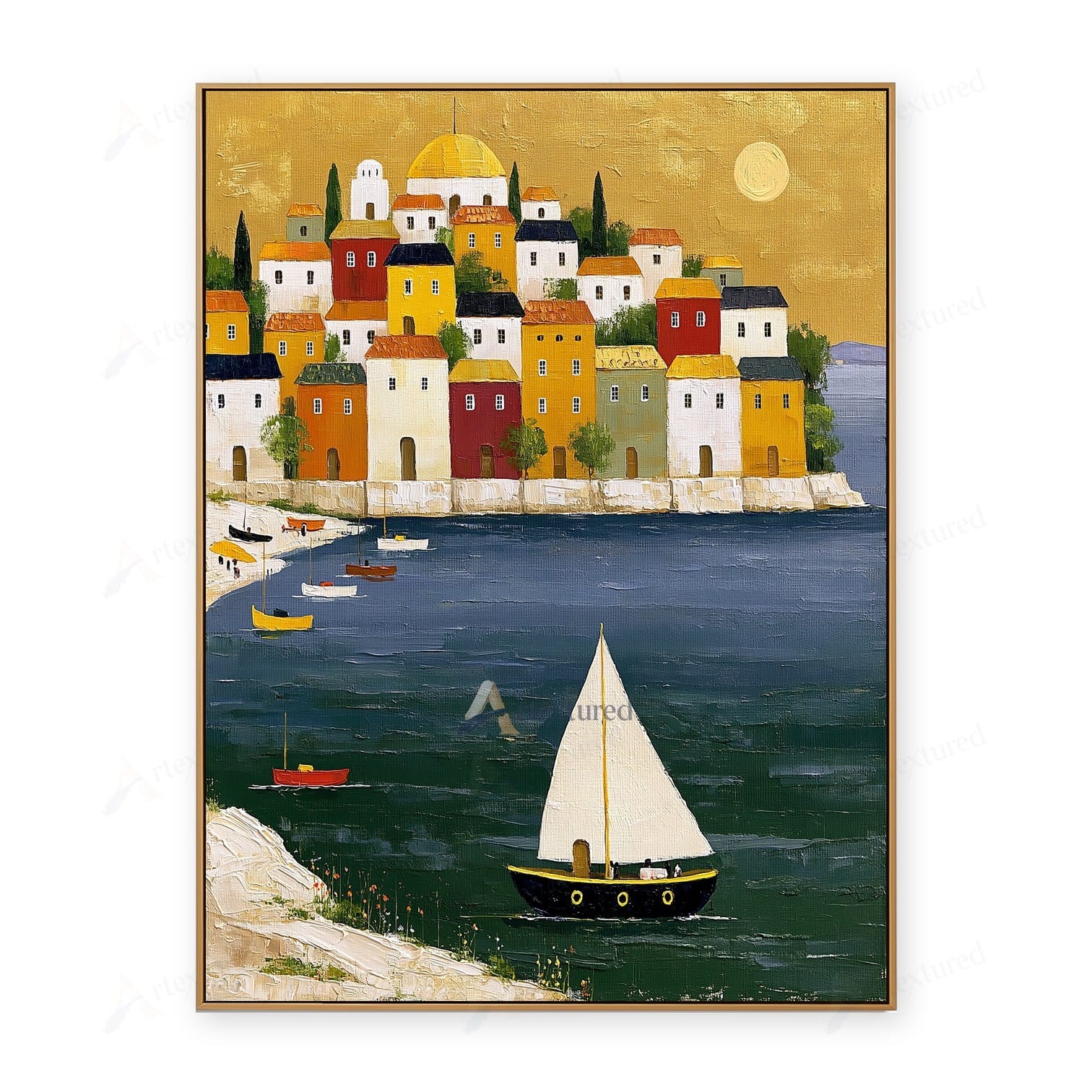 Mediterranean Sailboat Village Wall Art – Hand-Painted Coastal Canvas#wp261073