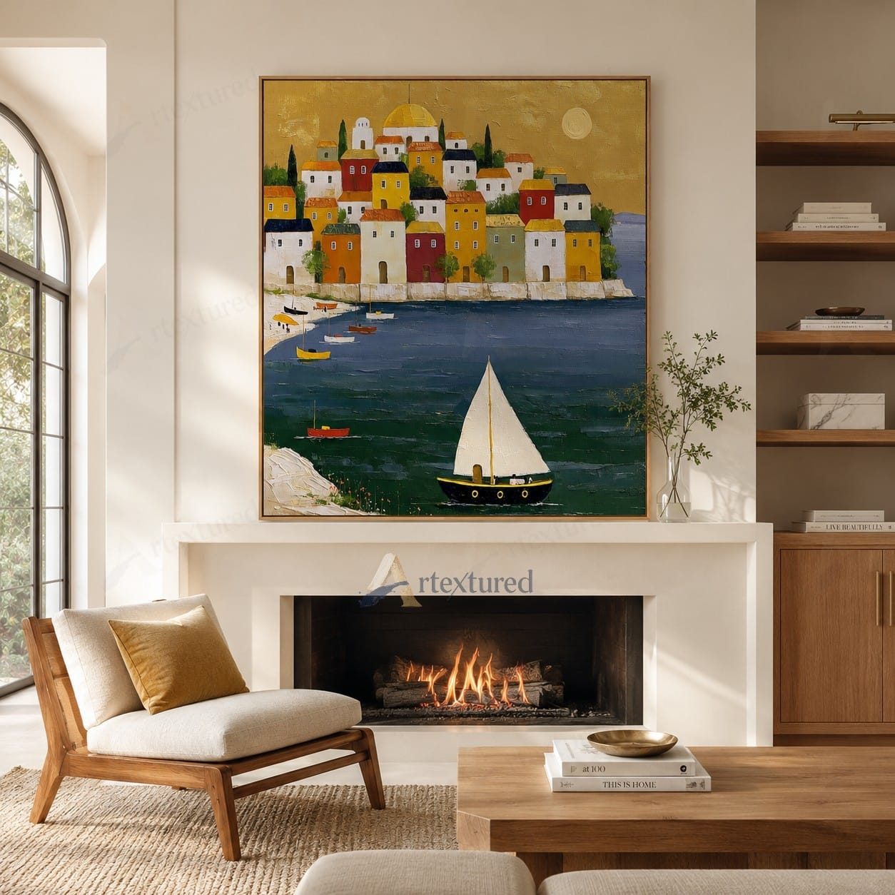 Mediterranean Sailboat Village Wall Art – Hand-Painted Coastal Canvas#wp261073