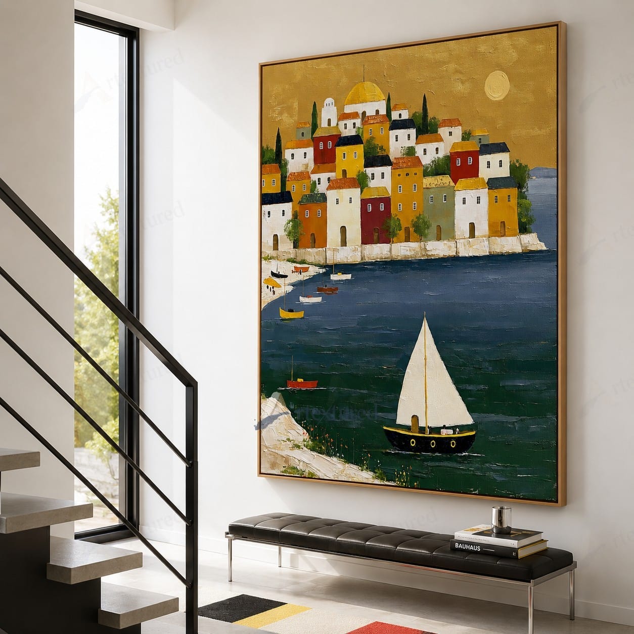 Mediterranean Sailboat Village Wall Art – Hand-Painted Coastal Canvas#wp261073