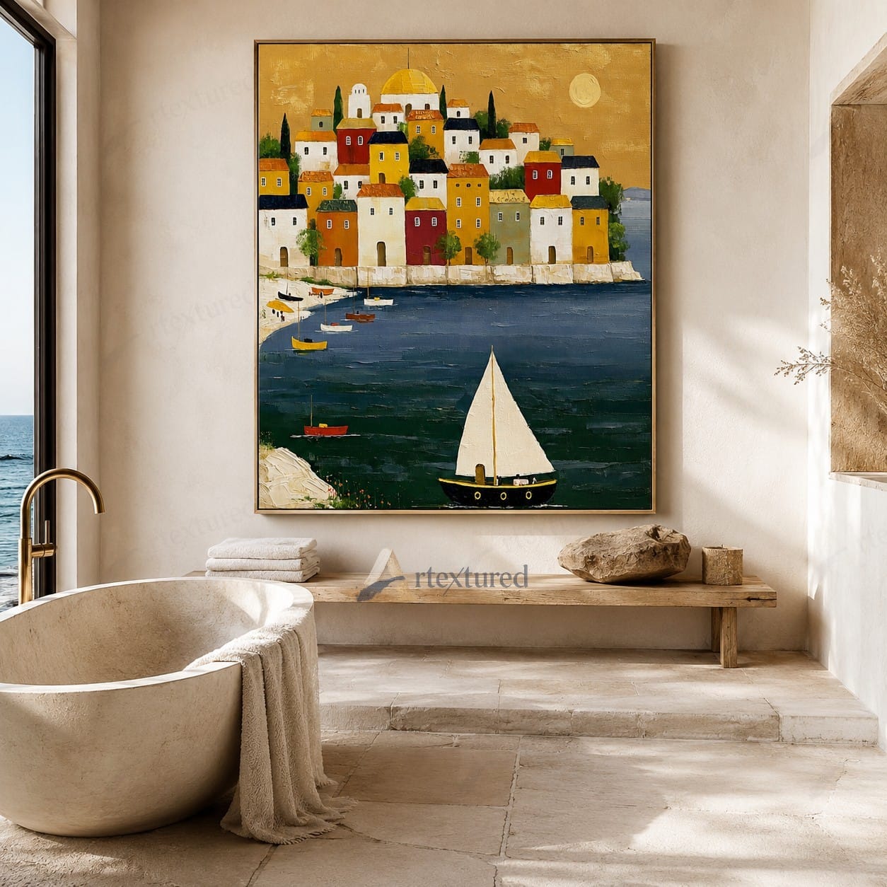 Mediterranean Sailboat Village Wall Art – Hand-Painted Coastal Canvas#wp261073