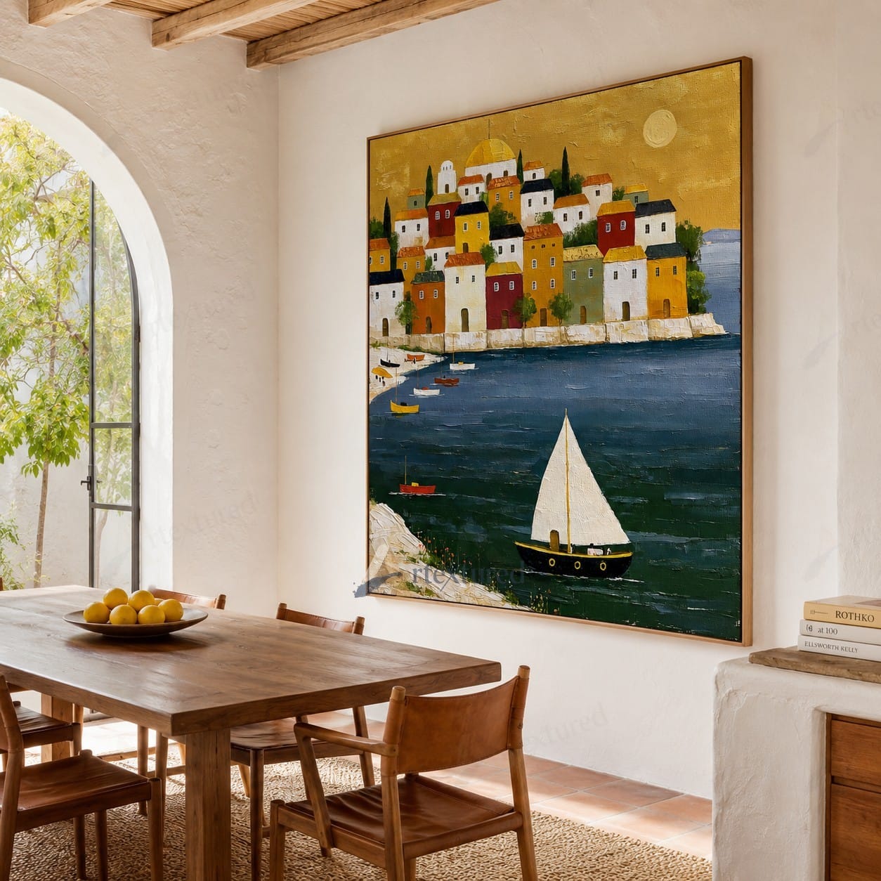 Mediterranean Sailboat Village Wall Art – Hand-Painted Coastal Canvas#wp261073