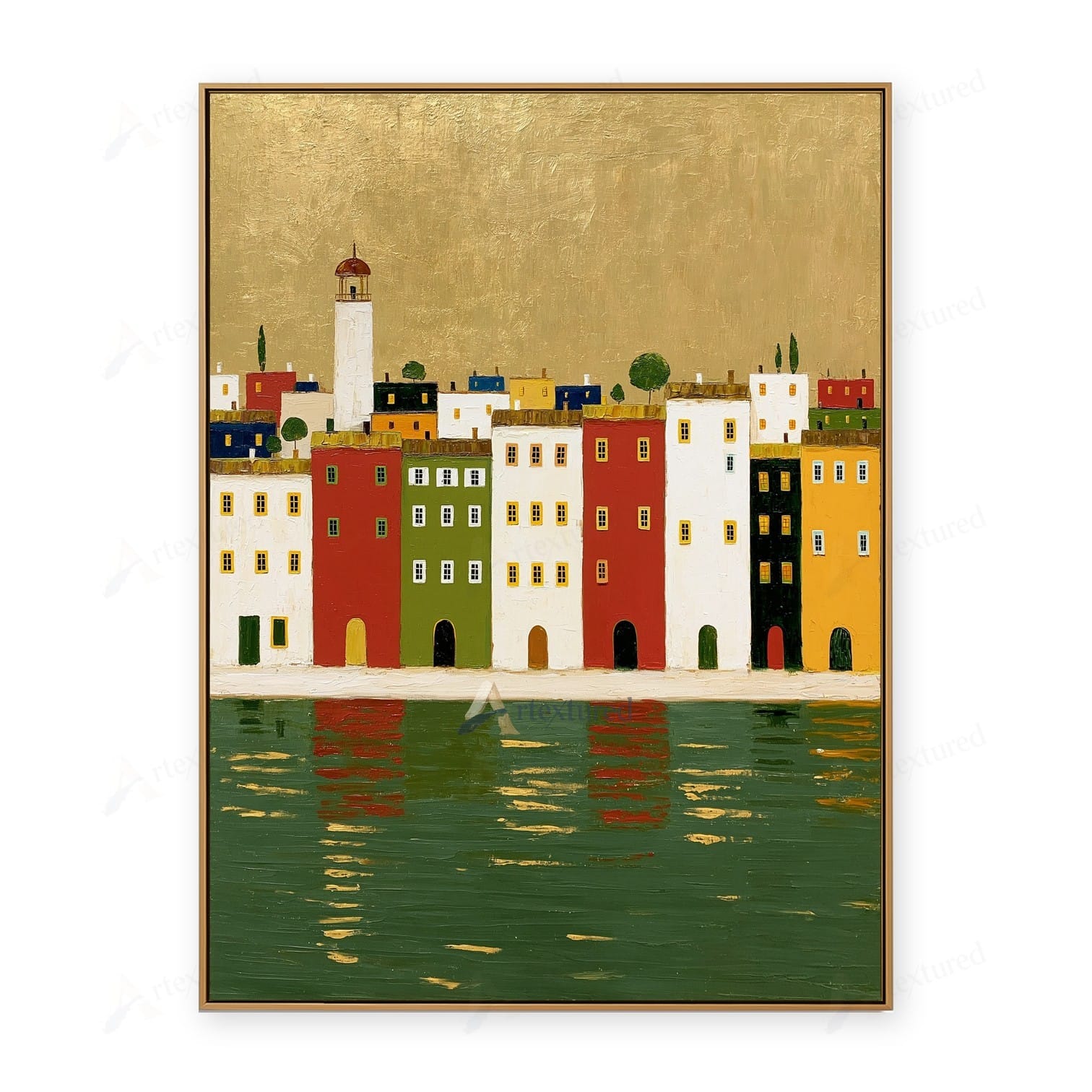 Golden Waterfront Village Wall Art – Hand-Painted Coastal Canvas#wp261074