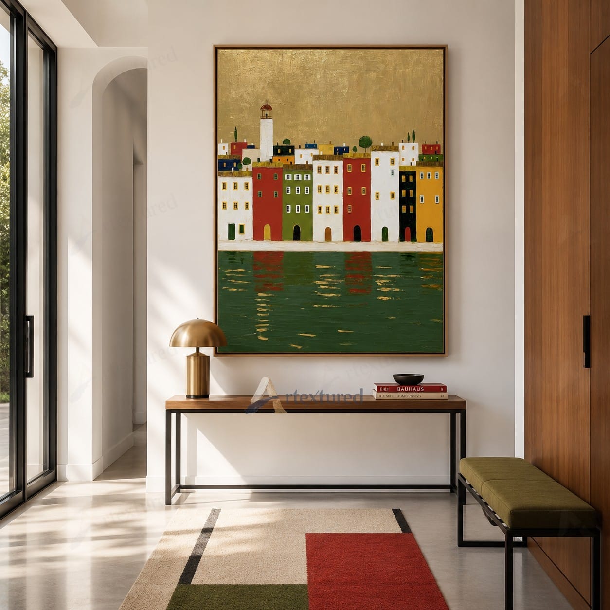 Golden Waterfront Village Wall Art – Hand-Painted Coastal Canvas#wp261074
