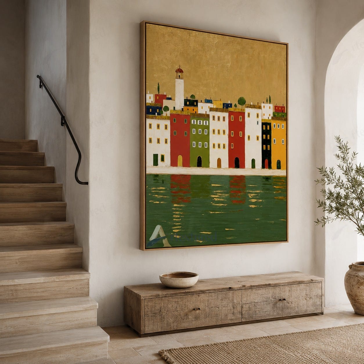Golden Waterfront Village Wall Art – Hand-Painted Coastal Canvas#wp261074