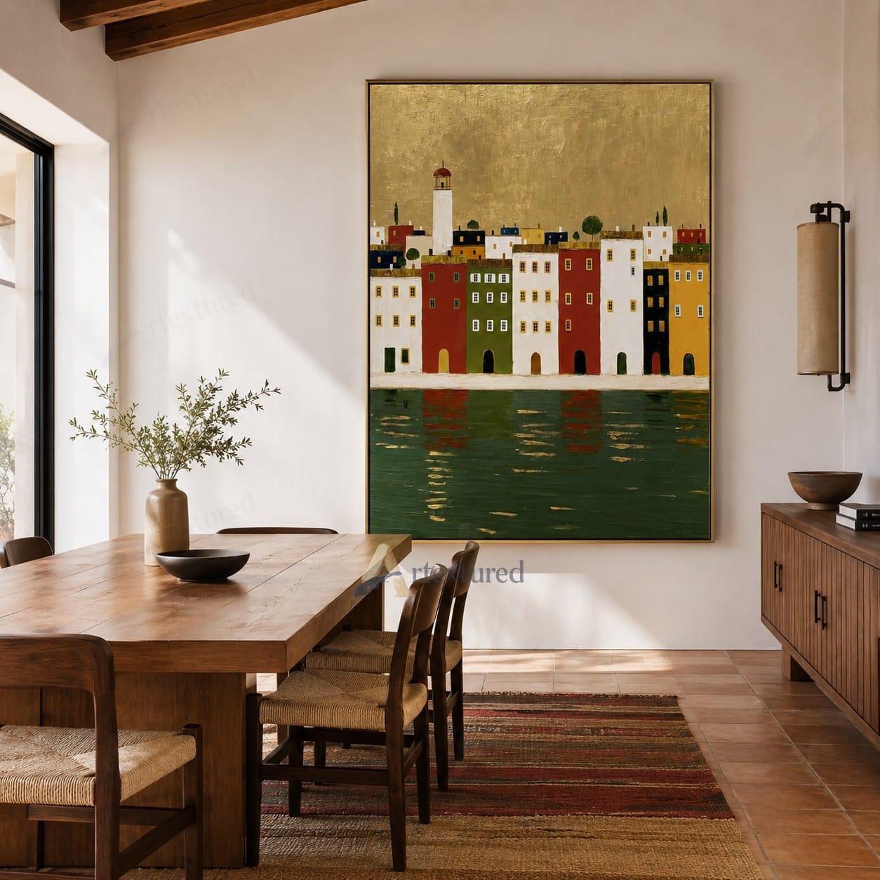 Golden Waterfront Village Wall Art – Hand-Painted Coastal Canvas#wp261074