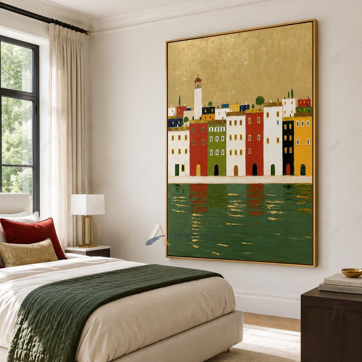 Golden Waterfront Village Wall Art – Hand-Painted Coastal Canvas#wp261074