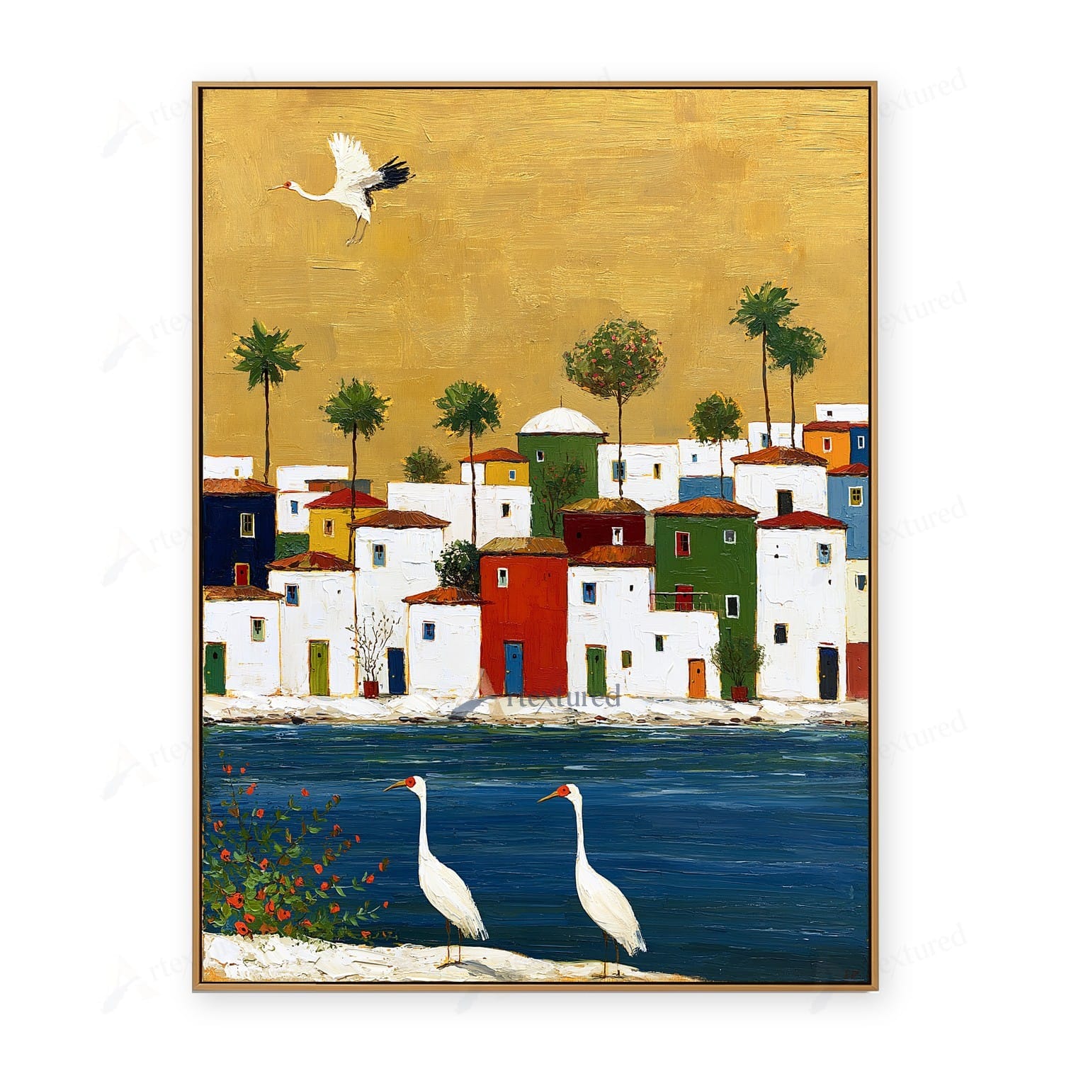 Golden Mediterranean Village Wall Art – Hand-Painted Coastal Canvas#wp261075